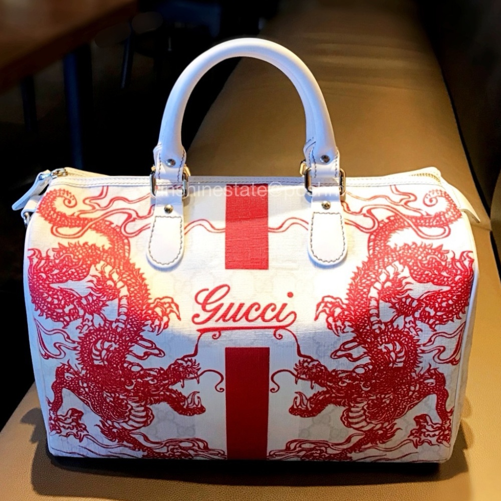 Rare GUCCI White Red GG Shanghai Dragon Boston Bag